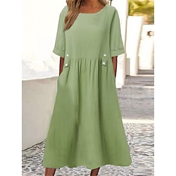 Women's White Purple Green Summer Midi Dress Linen-Inspired Dresses Smock Dress Solid Basic Casual Daily Loose Fit Crew Neck