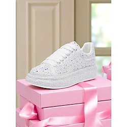 Women's White Rhinestone Platform Sneakers - Sparkly Lace-Up Party Shoes with Crystal Embellishments for Nightlife and Club Outfits