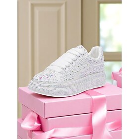 Women's White Rhinestone Platform Sneakers - Sparkly Lace-Up Party Shoes with Crystal Embellishments for Nightlife and Club Outfits
