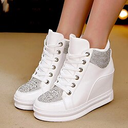 Women's White Rhinestone Wedge Sneakers - Faux Leather High Top Platform Shoes for Casual, Party Streetwear Fashion
