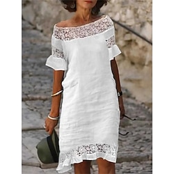 Women's White Summer Spring Midi Dress Linen-Inspired Dresses Casual Dress Shift Dress Fashion Modern Casual Outdoor Vacation Daily Regular Fit Plain Off Shoulder