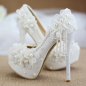 Women's White Wedding Platform Heels with Lace Floral Appliqué and Pearl Bead Details - Elegant Bridal Shoes for Special Occasions