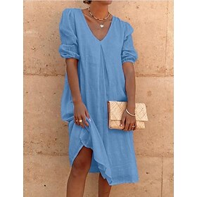 Women's White Yellow Pink Summer Spring Midi Dress Linen-Inspired Dresses Cotton Linen Dress Smock Dress Solid Basic Lantern Sleeve Vacation Loose Fit V Neck