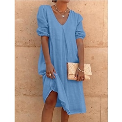 Women's White Yellow Pink Summer Spring Midi Dress Linen-Inspired Dresses Cotton Linen Dress Smock Dress Solid Basic Lantern Sleeve Vacation Loose Fit V Neck