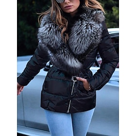Women's Winter Jacket Puffer Jacket Casual Daily Winter Regular Coat Turtleneck Loose Fit Warm Casual Jacket Long Sleeve Solid Colored Fur Trim Silver Gray Bla