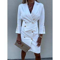 Women's Work Dress Blazer Dress Sheath Dress Fashion Office Daily Mini Dress Double Breasted Shirt Collar Long Sleeve Plain Loose Fit Black White Green Fall Winter S M L XL