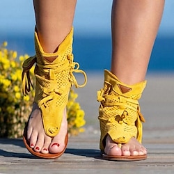 Women's Yellow Suede Lace-Up Gladiator Sandals with Perforated Design, Ideal for Summer Outings and Beach Vacations