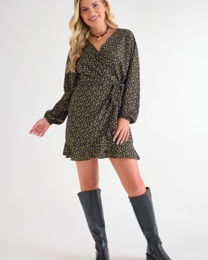 Womens Yellow & Black Floral Print Wrap Dress