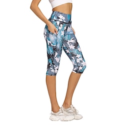 Women's Yoga Pants Side Pockets Tummy Control Butt Lift High Waist Yoga Fitness Gym Workout Tights Capri Leggings Bottoms Blue Spandex Fall Winter Sports Activewear High Elasticity