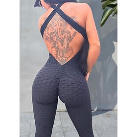 Women's Yoga Suit Tracksuit Tiktok Scrunch Butt Criss Cross Yoga Fitness Gym Workout High Waist Bodysuit Romper Sports Butt Lift Tummy Control 4 Way Stretch Qu