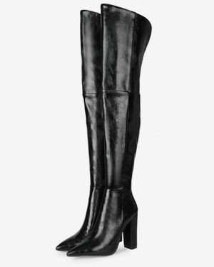 Womens thigh high Boots Black Pointed Toe PU Leather Chunky Heeled Boots
