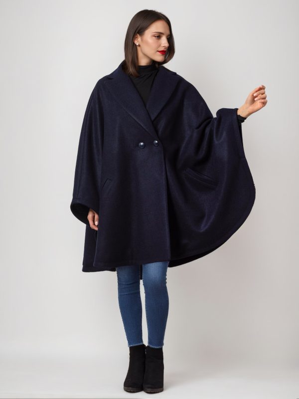 Wool Blend Cape Coat Dark Navy Lapel Oversized Poncho Winter Outerwear For Women 2025
