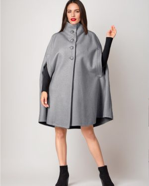 Wool Blend Cape Coat Turndown Collar Gray Oversized Poncho For Women 2025 Winter