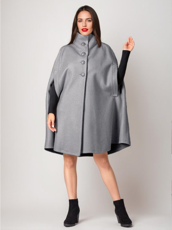 Wool Blend Cape Coat Turndown Collar Gray Oversized Poncho For Women 2025 Winter