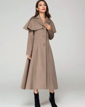 Wool Blend Coat With Cape Classic Lapel Elegant Camel Winter long Outerwear For Women 2025