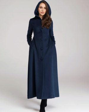 Wool Blend Coat With Hood Dark Navy A-line Flared Maxi Outerwear For Women 2025