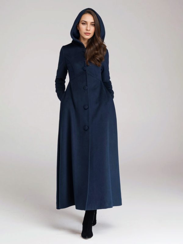 Wool Blend Coat With Hood Dark Navy A-line Flared Maxi Outerwear For Women 2025