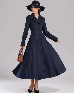 Wool Blend Flared Coat For Women Dark Navy Double-breasted Wide Lapel A-line Winter Outerwear 2025