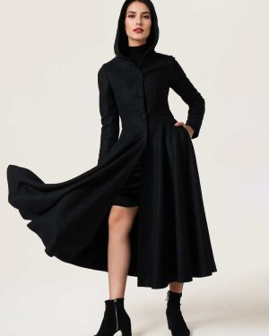 Wool Blend Flared Coat Hooded Vintage Black A-line Maxi Winter Outerwear For Women 2025