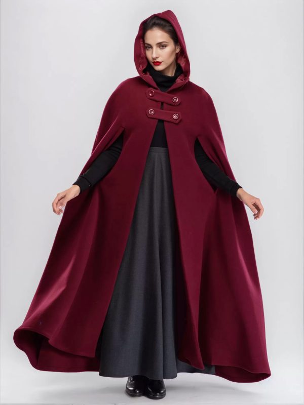 Wool Blend Maxi Cape Coat With Hooded Burgundy Full Length Poncho Oversized Outerwear For Women 2025