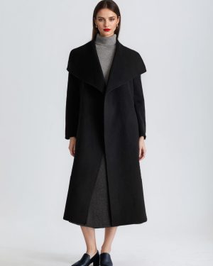 Wool Cashmere Blend Coat For Woman Black Wide Lapel Double-Faced Winter Long Outerwear 2025