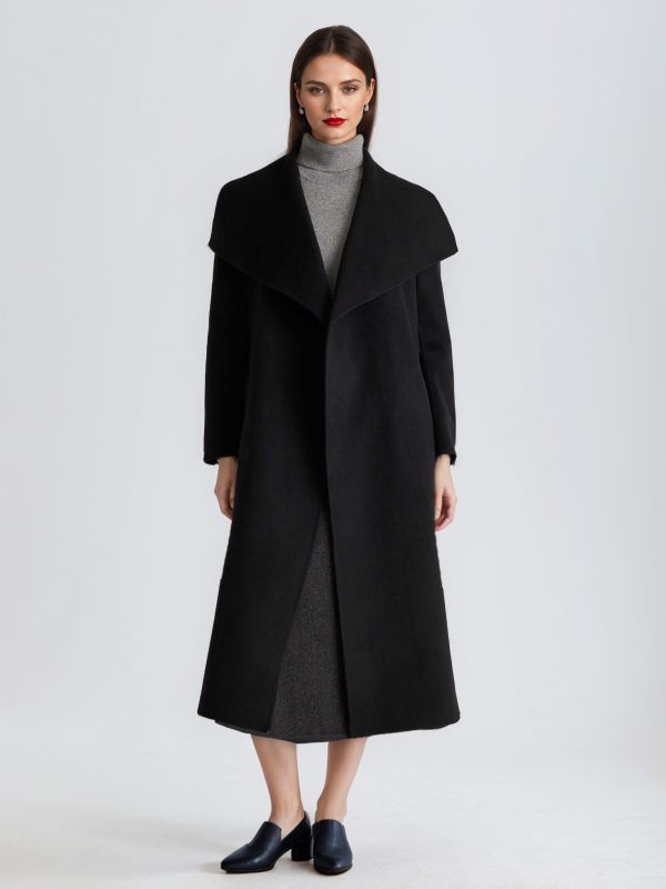 Wool Cashmere Blend Coat For Woman Black Wide Lapel Double-Faced Winter Long Outerwear 2025