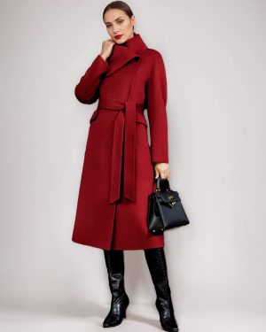 Wool Cashmere Blend Coat For Woman Winter Red Belted Double-Faced Wrap Outerwear 2025