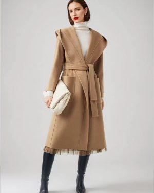 Wool Cashmere Blend Wrap Coat With Hood Double-Faced Camel Belted Winter Outerwear For Women 2025