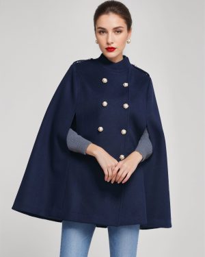 Woolen Cape Coat For Women Stand Collar Dark Navy Double-breasted Winter Poncho Outerwear 2025
