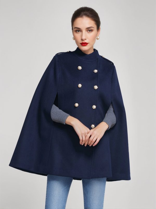 Woolen Cape Coat For Women Stand Collar Dark Navy Double-breasted Winter Poncho Outerwear 2025