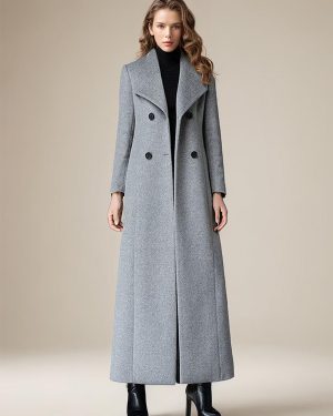 Woolen Coat For Women Turndown Collar Double-breasted Full Length Retro Wrap Coat Winter Outerwear 2025