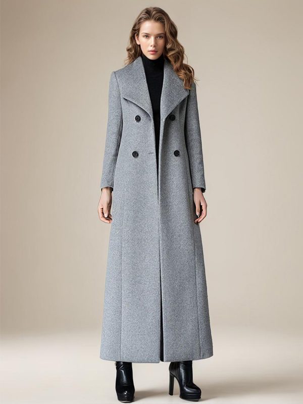 Woolen Coat For Women Turndown Collar Double-breasted Full Length Retro Wrap Coat Winter Outerwear 2025