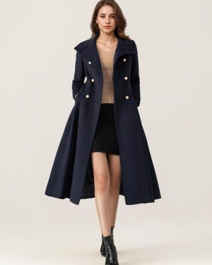 Woolen Flared Coat For Woman Stand Collar Dark Navy Vintage Double-breasted Winter Midi Outerwear 2025