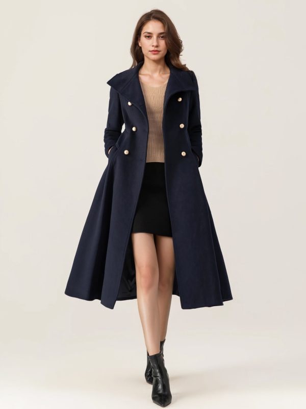 Woolen Flared Coat For Woman Stand Collar Dark Navy Vintage Double-breasted Winter Midi Outerwear 2025
