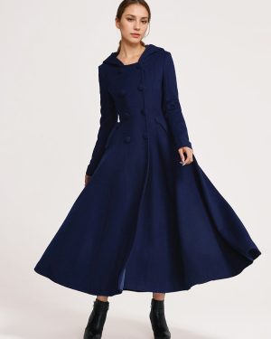 Woolen Flared Coat With Hood Dark Navy Double-breasted Elegant A-line Winter Long Outerwear For Women 2025