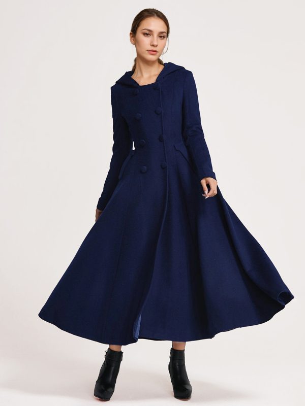 Woolen Flared Coat With Hood Dark Navy Double-breasted Elegant A-line Winter Long Outerwear For Women 2025