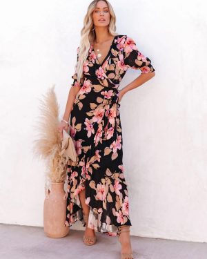 Wrap Dress Floral Ruffles Belted Asymmetrical Vacation Casual Long Dress