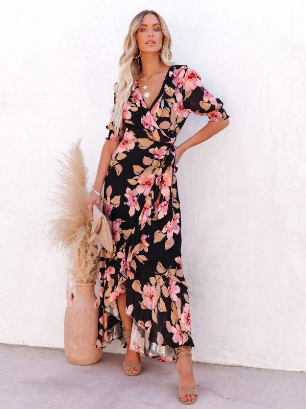 Wrap Dress Floral Ruffles Belted Asymmetrical Vacation Casual Long Dress