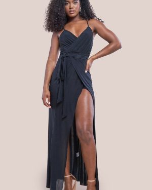 Wrap Front Maxi Slip Dress With Waist Tie-Up - Black by City Goddess
