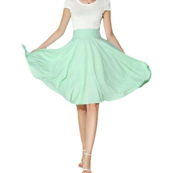 (XL, light green) Women Skirt Elastic High Waist A-line Style Skirt Solid Color Large Hem Skater Skirt Bohemia Style Skirt