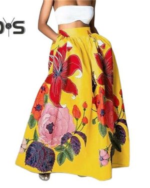 (XL, yellow) Women Maxi Skirt Elastic High Waist Large Hem Long Skirt With Pockets Flower Print Parties Weddings Skirt