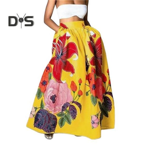 (XL, yellow) Women Maxi Skirt Elastic High Waist Large Hem Long Skirt With Pockets Flower Print Parties Weddings Skirt