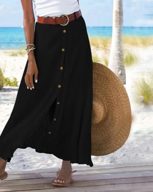 (XXL, black) Midi Skirts For Women,bohemian Skirt High Waist Party Beach Button Skirt