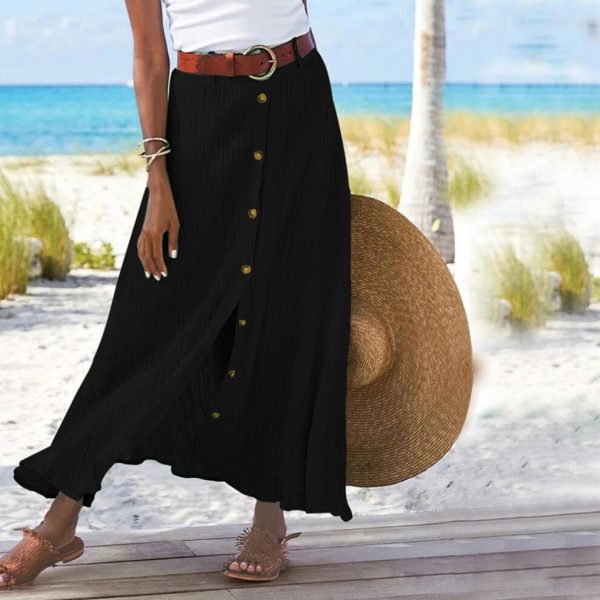 (XXL, black) Midi Skirts For Women,bohemian Skirt High Waist Party Beach Button Skirt