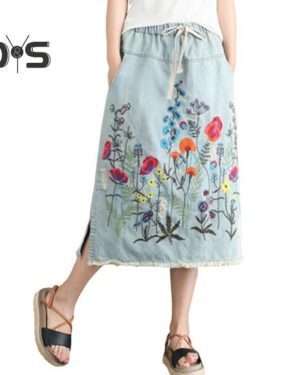 (XXL, light blue) Women Midi Skirt Elastic Drawstring Waist Embroidery Flower Pattern Denim Skirt With Pockets Side Split Hem Skirt