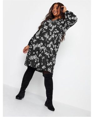 YOURS Curve Black Floral Print Zip Detail Smock Dress