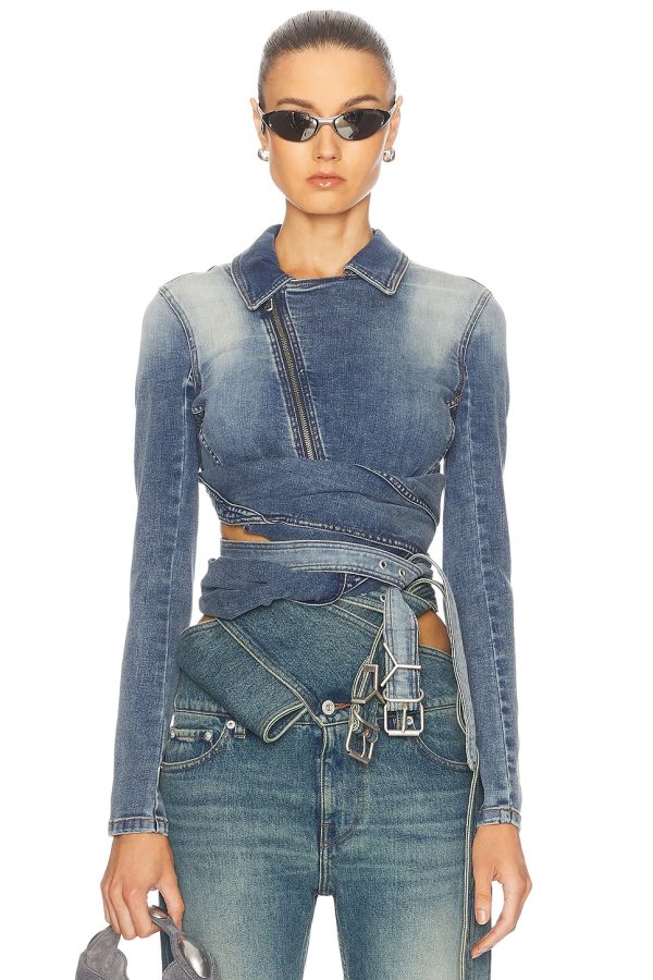 Y/Project Wrap Fitted Denim Jacket in Faded Blue - Denim-Medium. Size M (also in S, XS).