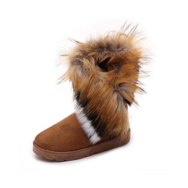 (Yellow, 37) Winter Snow Boots Women Ankle Slip On Boots Faux Fox Rabbit Fur Suede Flat Shoes