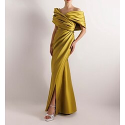 Yellow Dress High Fashion Mustard Dress Mermaid / Trumpet Evening Gown Cocktail Dress Formal Wedding Floor Length Sleeveless Off Shoulder Satin with Ruched Details Slit 2025