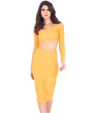 (Yellow, M) Sexy Women Two Pieces Long Sleeve Bodycon Crop Top Pencil Skirt Dress Twin Set Party Clubwear